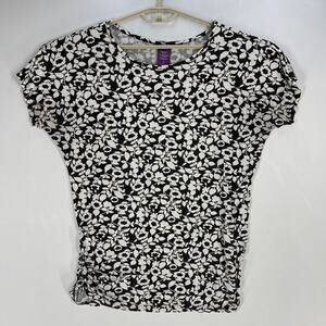 Beverly Drive Top Plus 1X Black White Floral Print Stretch Short Sleeve Y2K